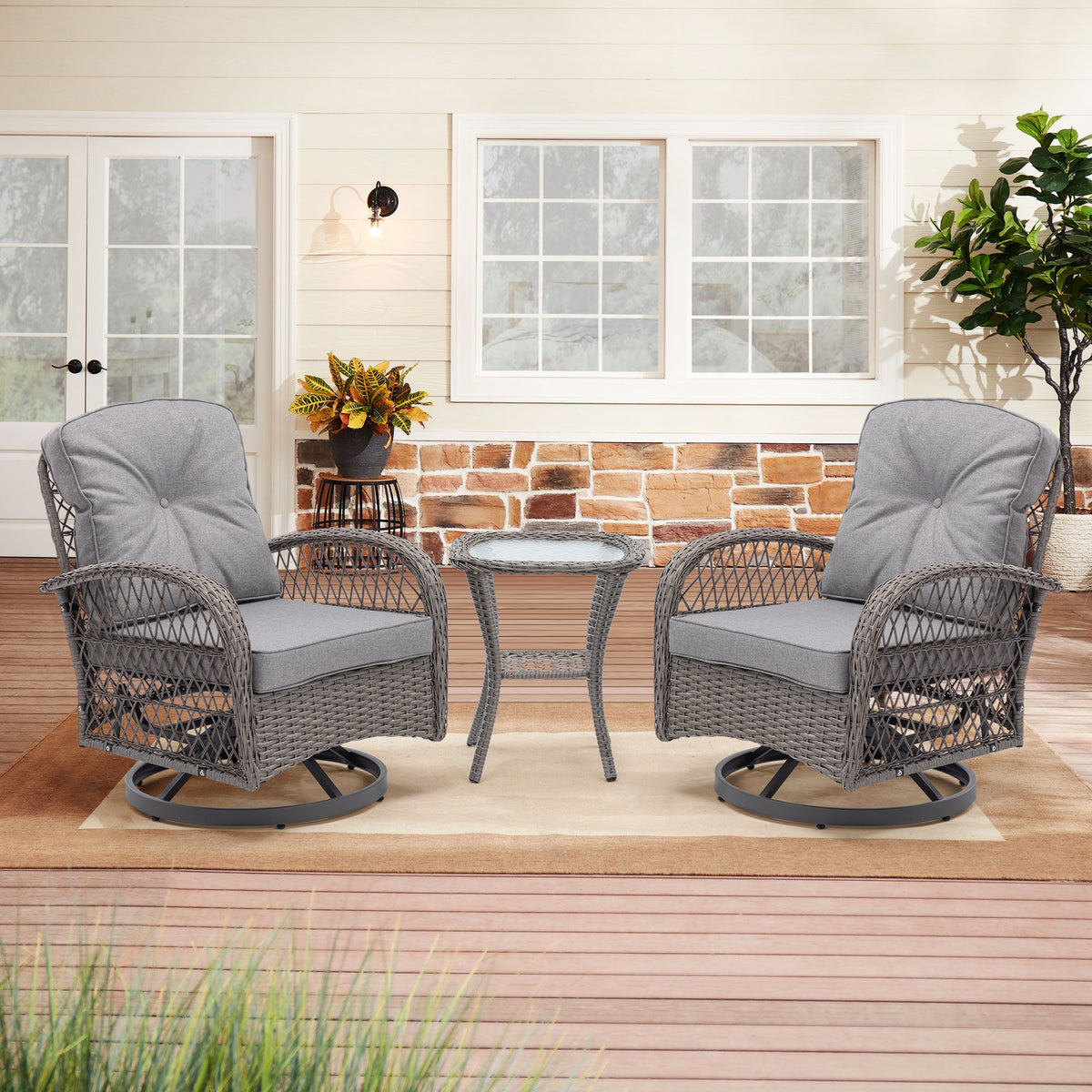 3 Pieces Outdoor Swivel Rocker Patio Chairs, 360 Degree Rocking Patio Conversation Set with Thickened Cushions and Glass Coffee Table for Backyard, Grey W640142357-djyc