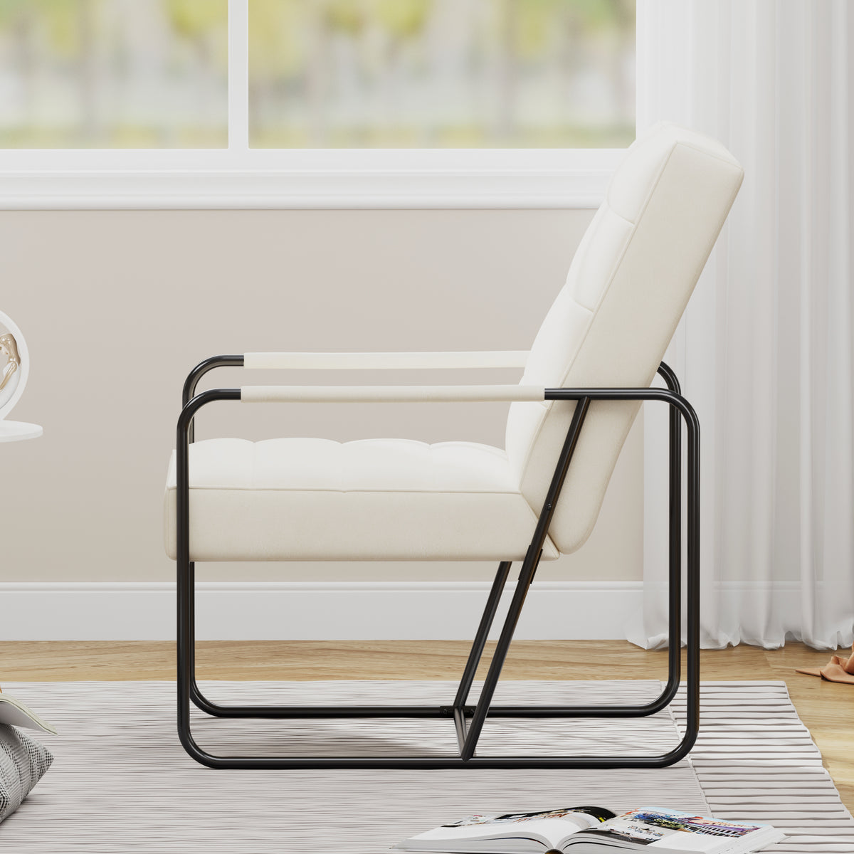 Modern Metal Framed Armchair with Beige Technical Leather, Stylish & Comfortable Indoor Lounge Accent Chair for Living Room, Office,Bedroom W1669P197989-djyc