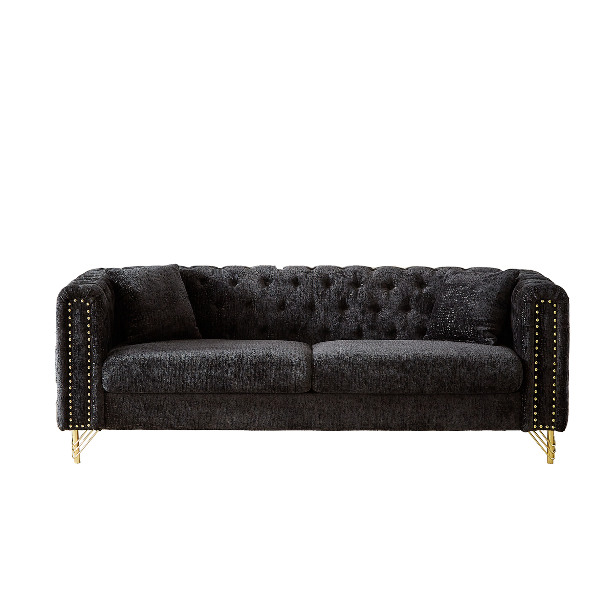 82-Inch Chenille Pull Buckle Design Sofa for Living Room,Buttons Tufted With Copper Nail Decoration Armrest, Modern Couch Upholstered Button And Metal Legs W834S00292-djyc