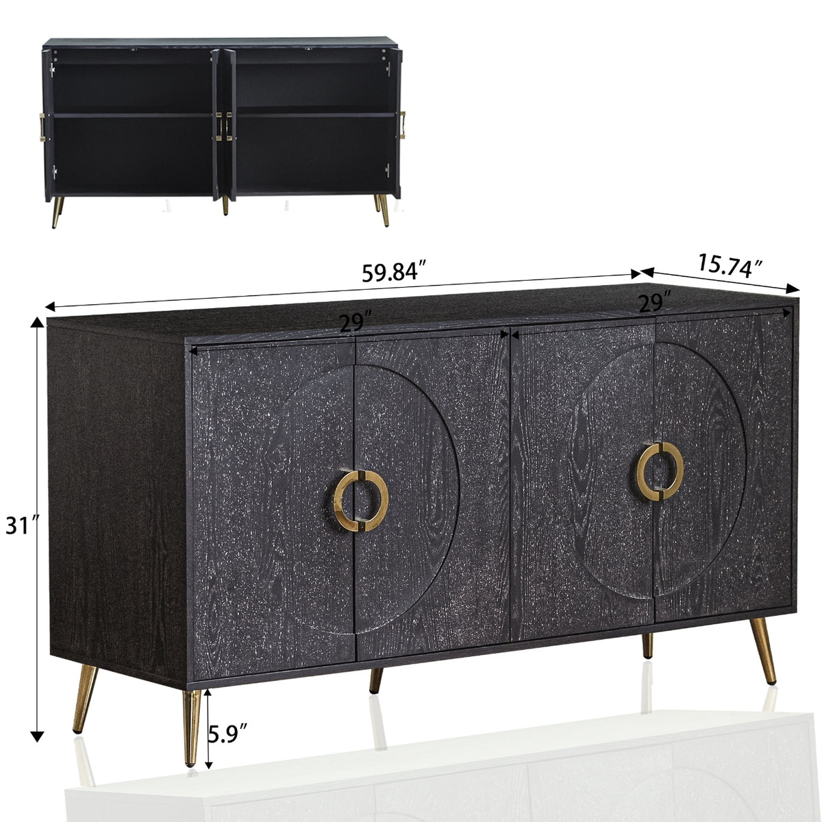 Modern Lacquered 4 Door Wooden Cabinet Sideboard Buffet Server Cabinet Storage Cabinet, for Living Room, Entryway, Hallway, Office, Kitchen and Dining Room, Distressed Black W1435P191611-djyc