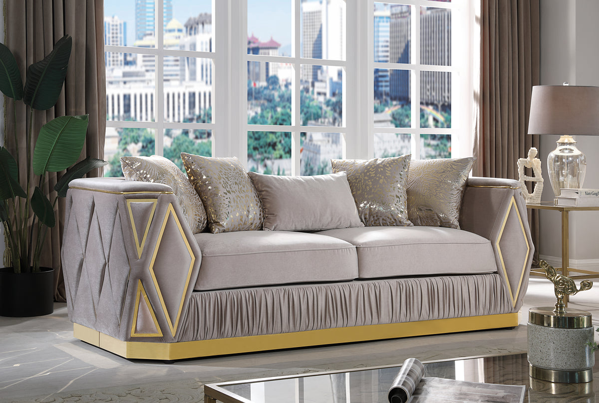 Cavalli Contemporary Style Upholstery Diamond Pattern Sofa Made with Wood in Gold accent & Taupe-B009P417491