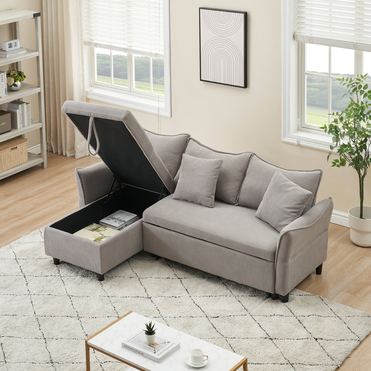 This 80-inch gray corduroy L-shaped sofa comes with two small throw pillows that can be converted into a sofa bed for storage W1278S00027-djyc