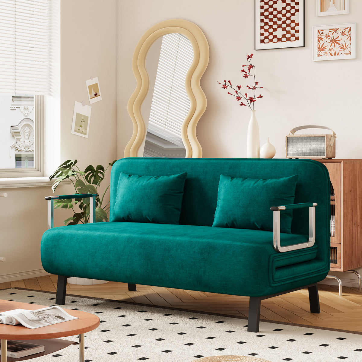 velvet Antique Green 55″ Convertible Chair Bed, Tri-Fold Sofa Bed with Adjustable Backrest & Pillow, Leisure Chaise Lounge Couch with Sturdy Steel Frame for Home & Office, Comfortable Sleeper Chair W1767P192809-djyc