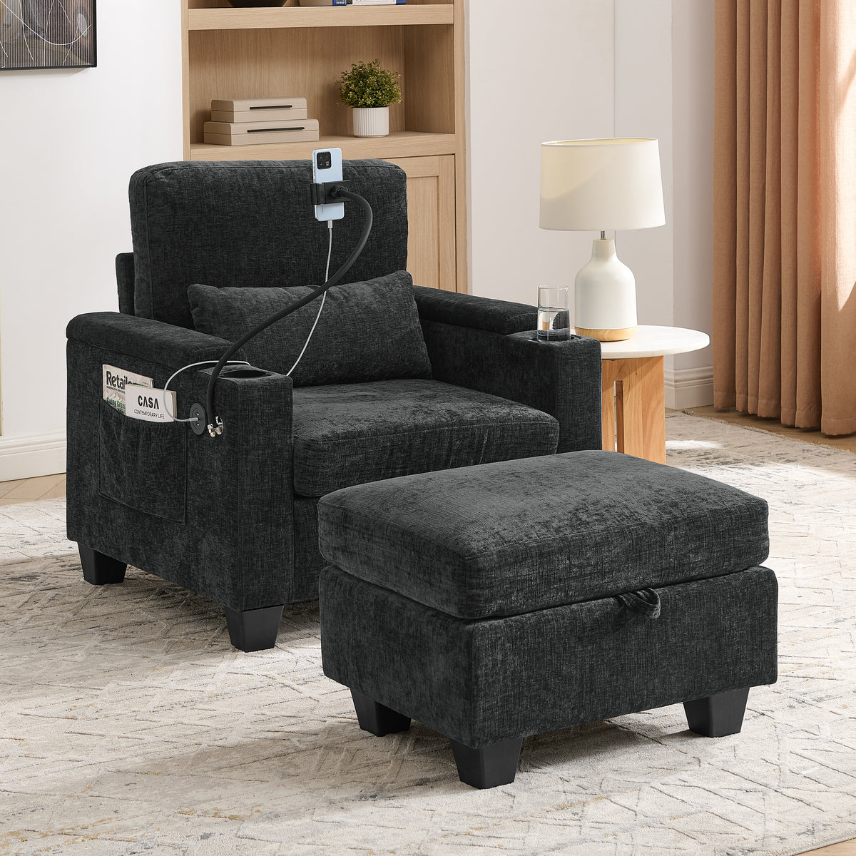 Single sofa recliner with manually adjustable backrest, USB charging port on the armrest side, phone stand included, hidden armrest storage, and a matching storage ottoman-Black-W487P423649