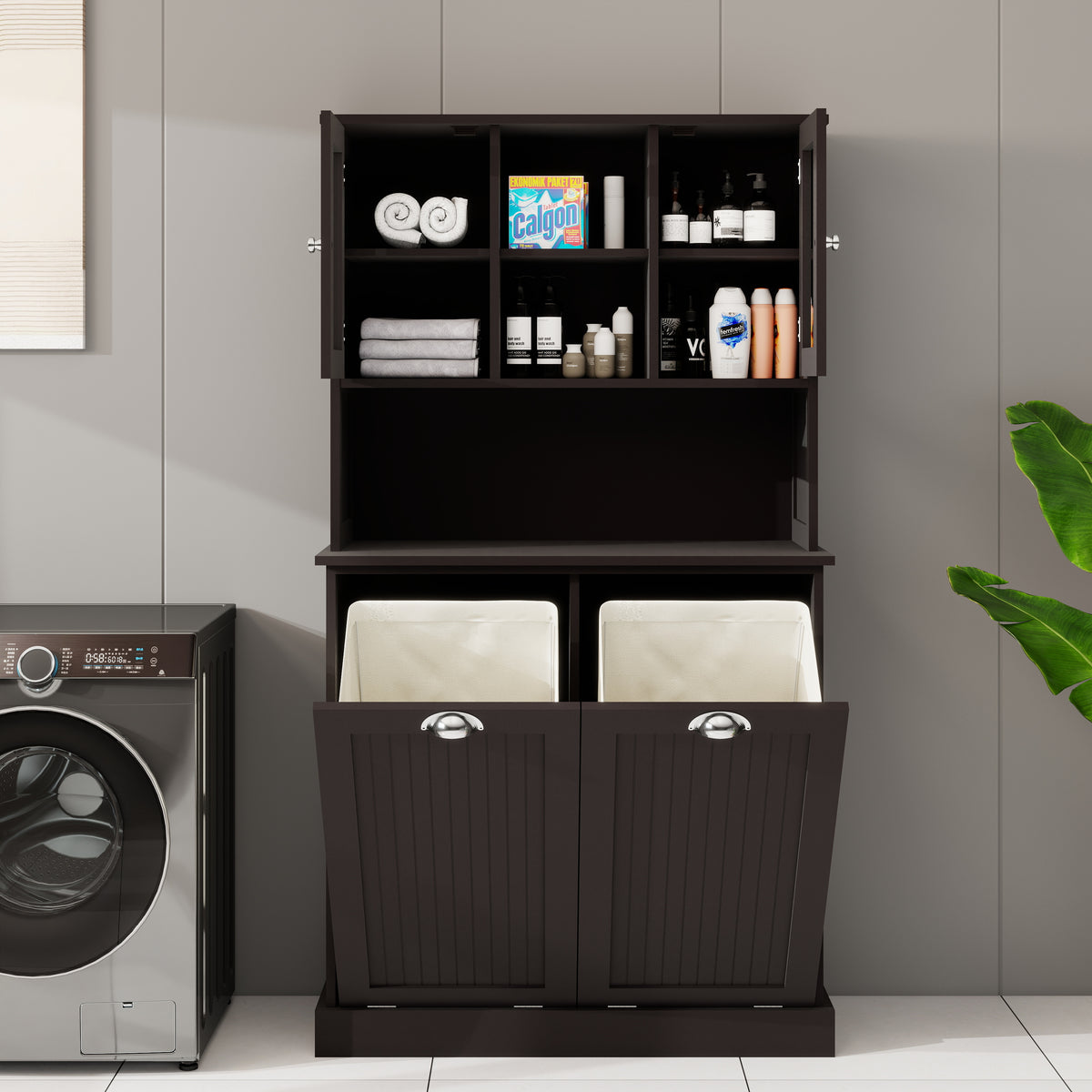 Two-Compartment Tilt-Out Dirty Laundry Basket Tall Bathroom Cabinet with 2 Adjustable Shelves-Black W1120S00002-djyc