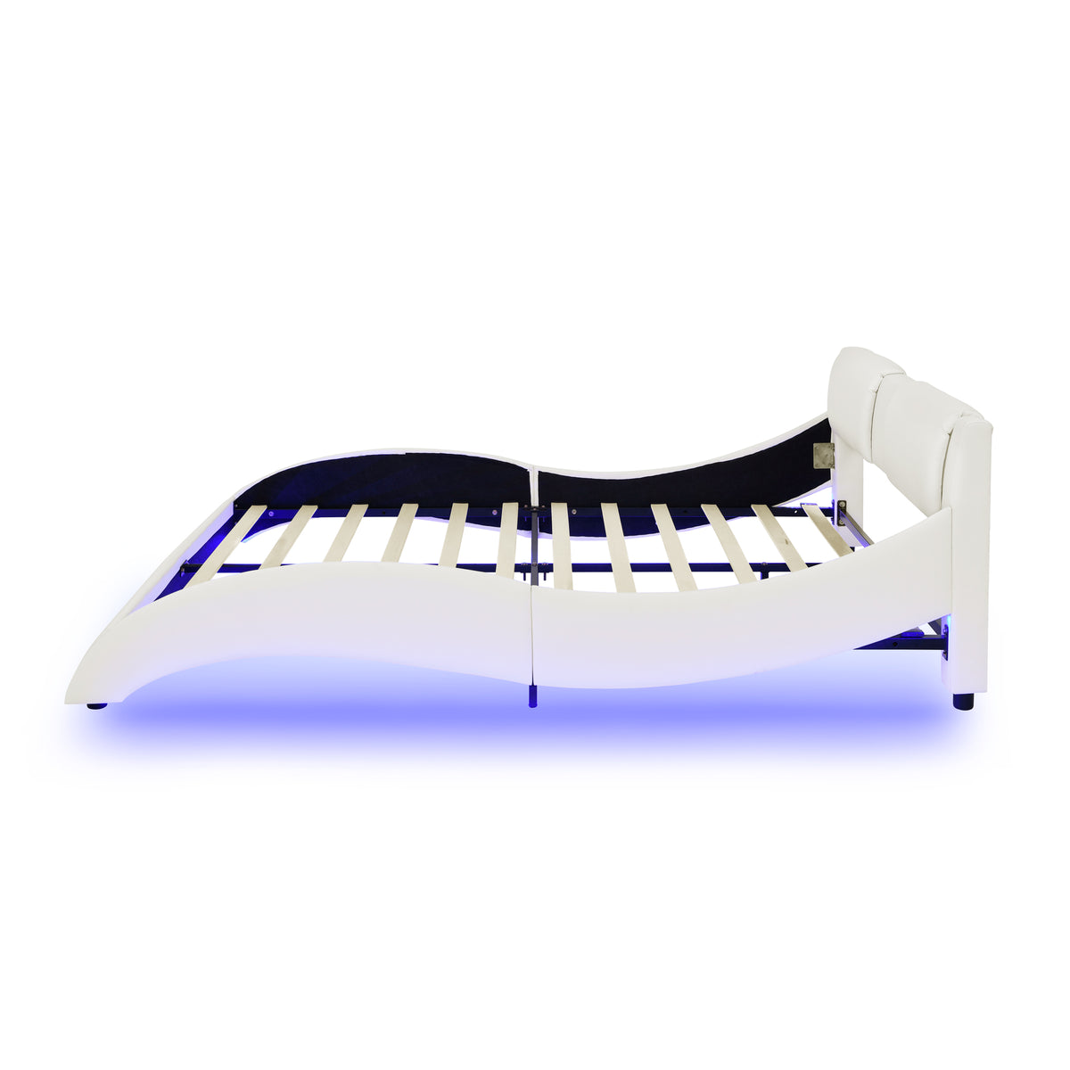 Queen Led Bed Frame Modern Faux Leather Upholstered Platform Bed Frame with RGB LED Lights and Headboard Wave Like Curve Low Profile Bed Frame,Wood Slats Support,Easy Assembly, White W487P169715-djyc