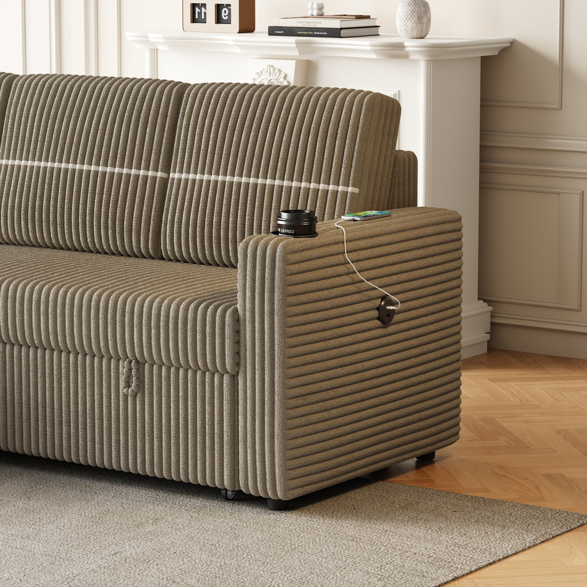 85 Inches Corduroy Sofa Bed, 3 Seater Sleeper Sofa with Storage Chaise, Square Handrail With Two Cup-holder And USB Charge Port, Pull Out Couch for Living Room W834S00271-djyc