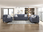 Contemporary Blue 3pc Set Sofa Loveseat Chair Durable Chenille Fabric Decorative Pillows Wooden Living Room Furniture-B011S02477