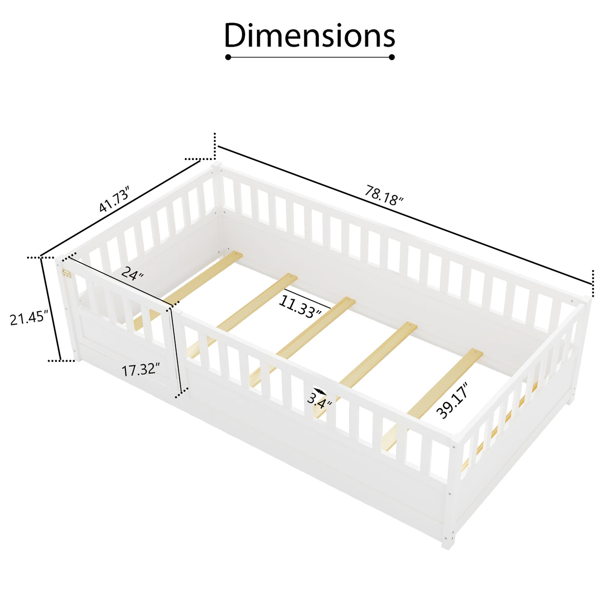 Twin Size Floor bed, integral construction with super high security barrier, door, children's floor bed frame, Montessori wooden children's floor bed, Support slat white W1858P164938-djyc