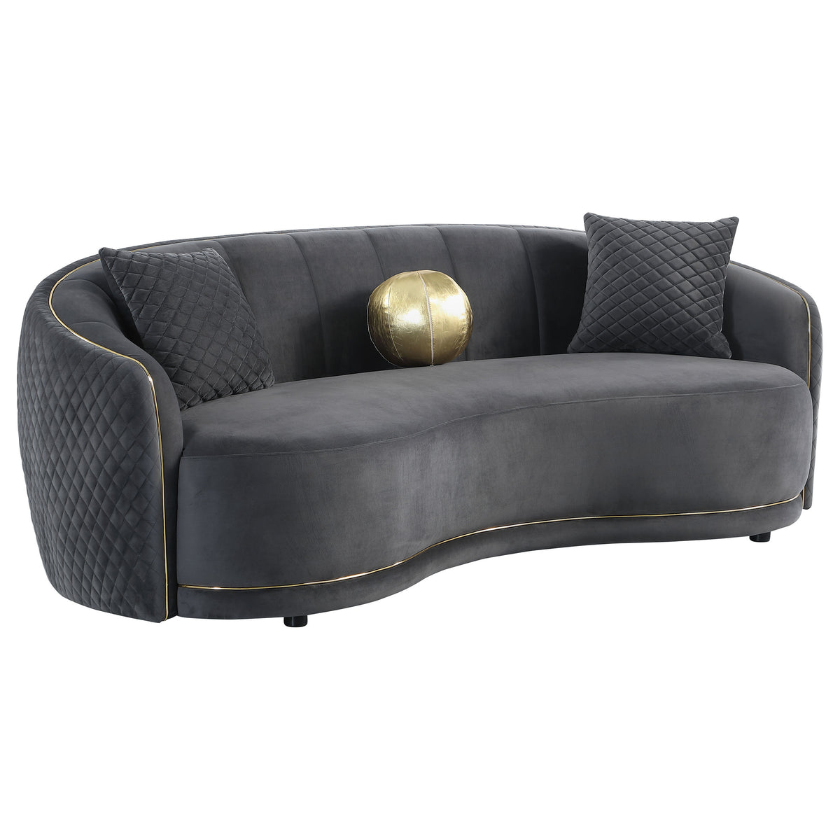 Lorraine Dark Grey 2-Piece Upholstered Sofa Set with Diamond Tufting and Gold Trim, Fabric and Wood Frame, Dark Grey-B062S01435