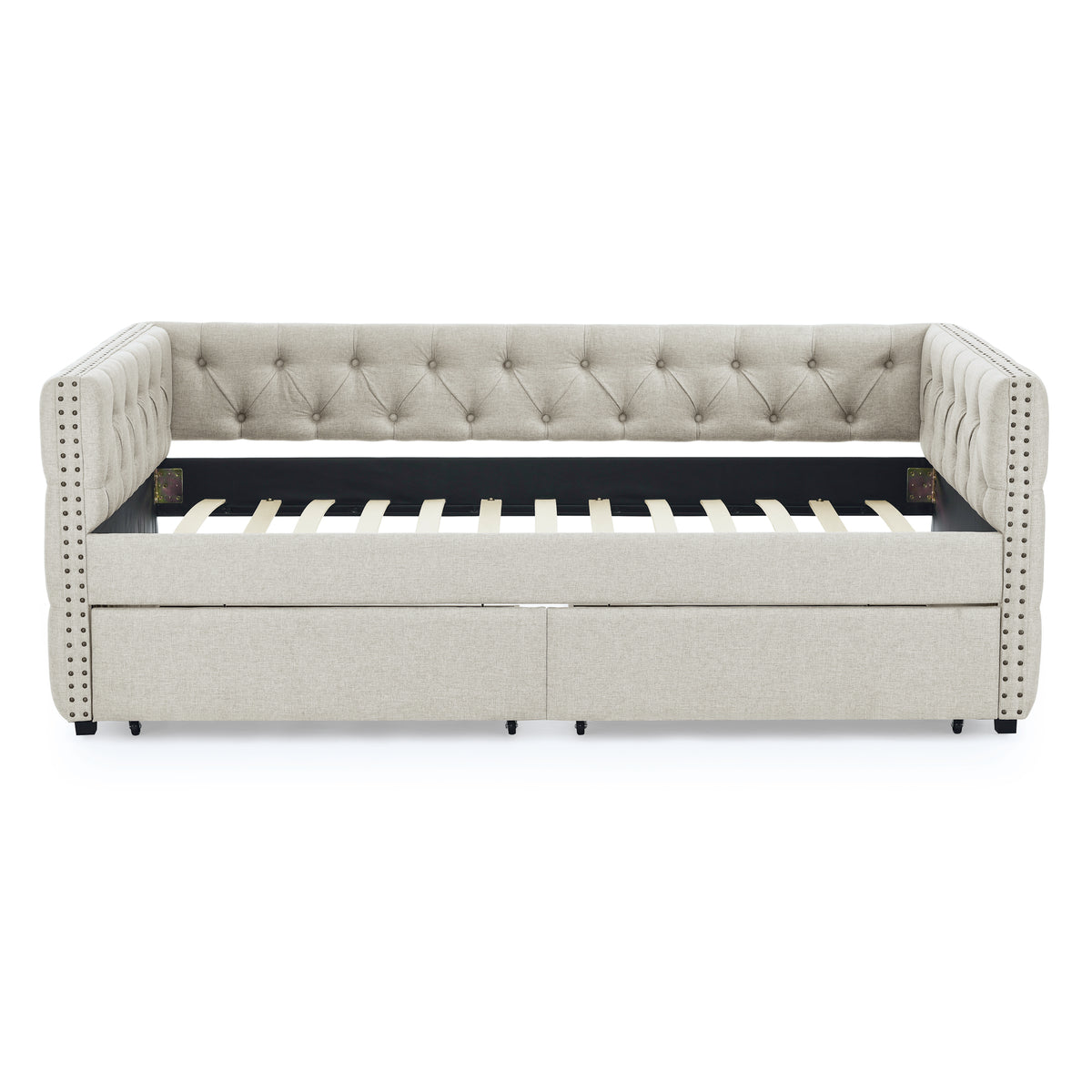 Upholstered Twin Size Daybed with Two Drawers, with Button and Copper Nail on Square Arms, Beige (82.75''x43''x30.75'') W487S00217-djyc