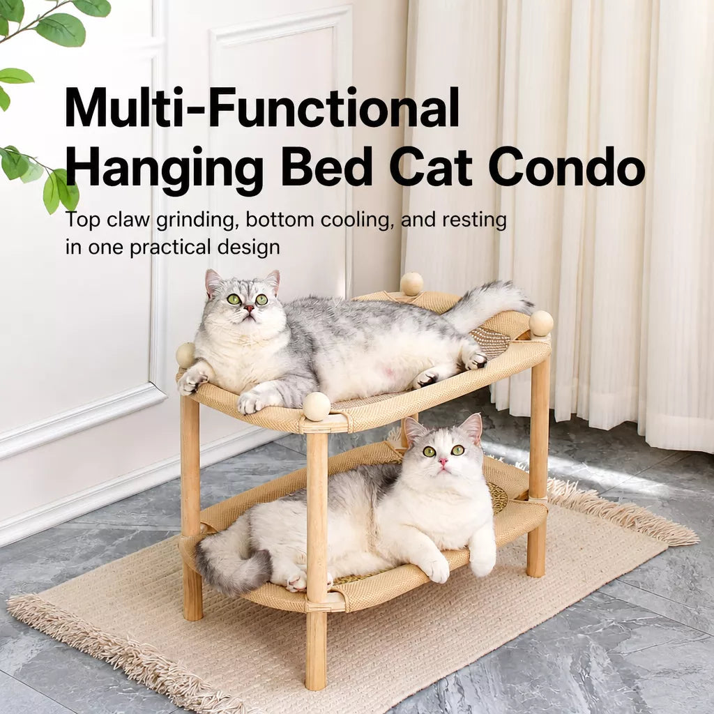 Two-Tier Wooden Cat Bed with Sisal Scratching Mat