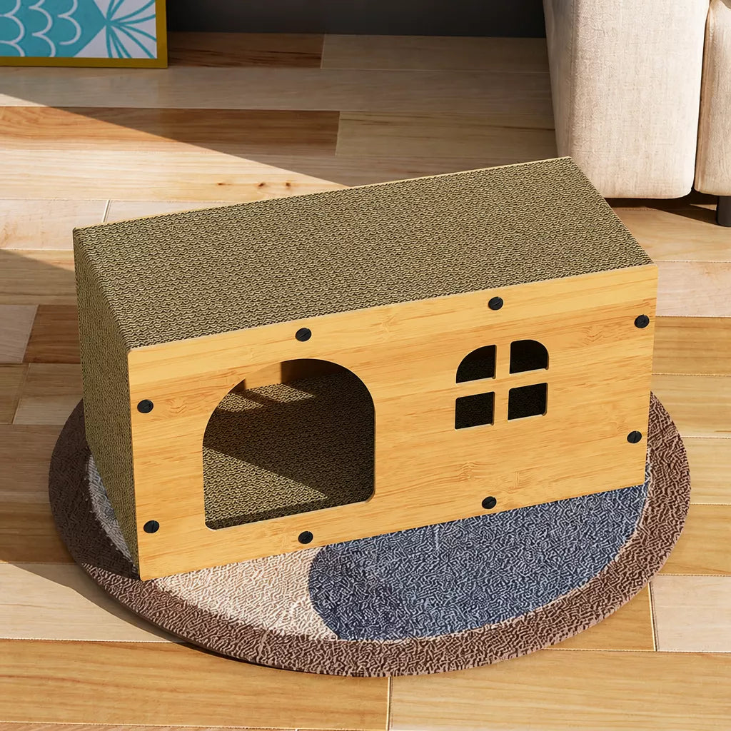 Corrugated Cardboard Cat House with Integrated Scratching Surface