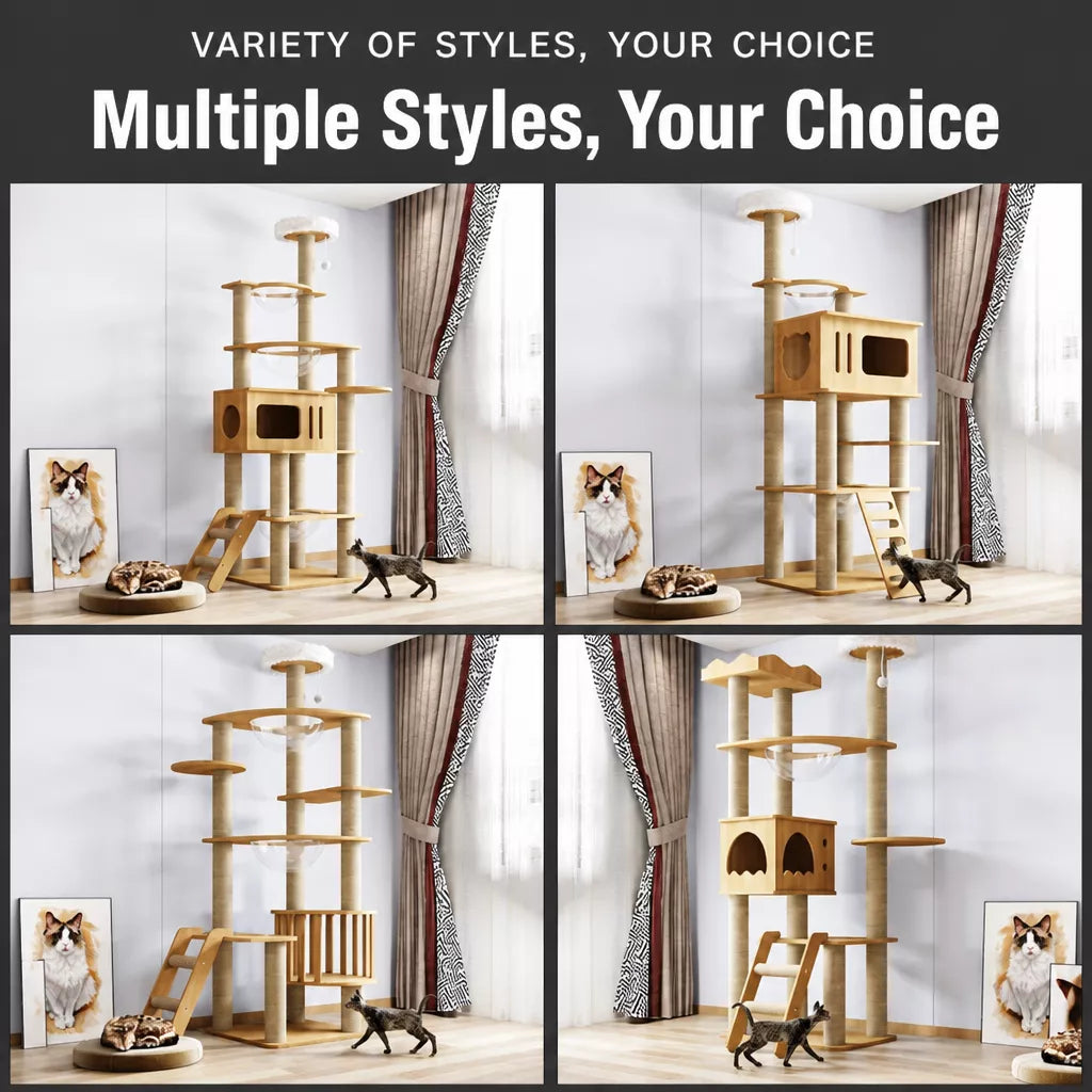 Solid Wood Cat Tree with Hideaway and Scratching Posts