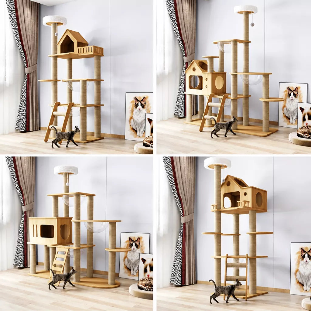 Solid Wood Cat Tree with Hideaway and Scratching Posts