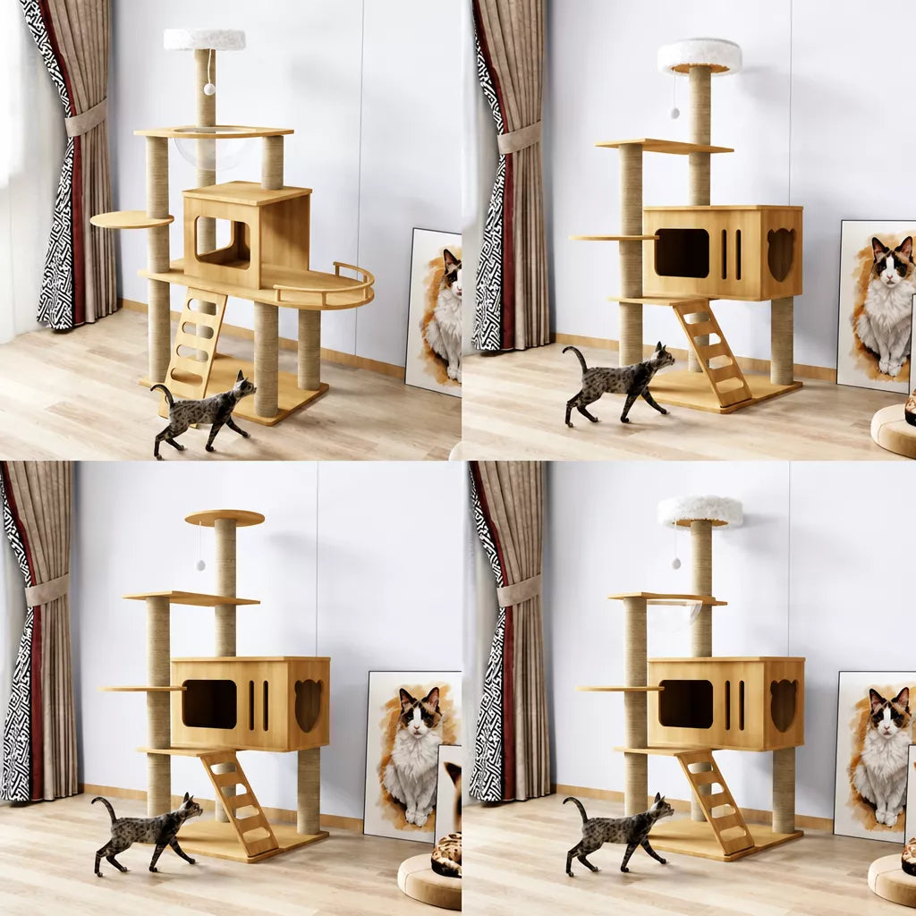 Solid Wood Cat Tree with Hideaway and Scratching Posts