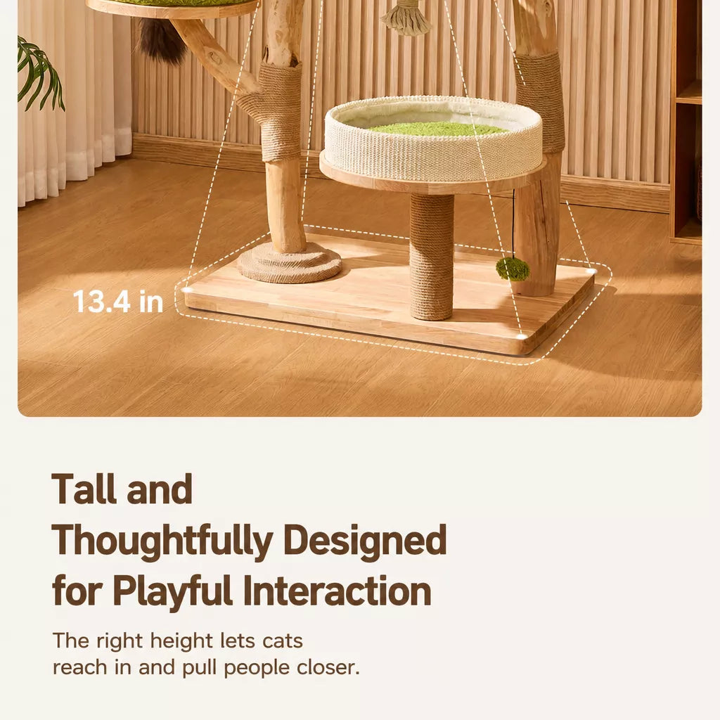Solid Wood Cat Tree with Cat House and Hanging Basket