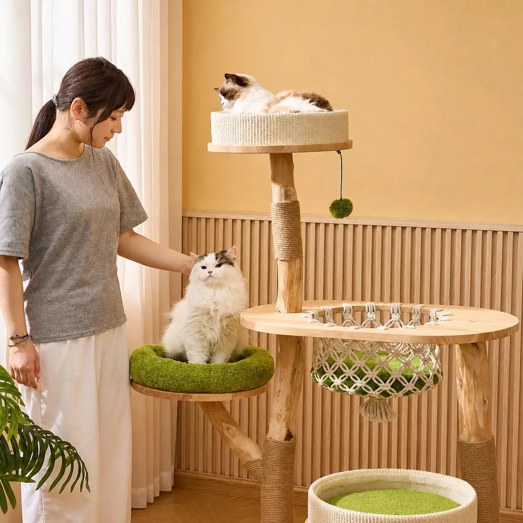 Solid Wood Cat Tree with Cat House and Hanging Basket