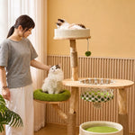 Solid Wood Cat Tree with Cat House and Hanging Basket