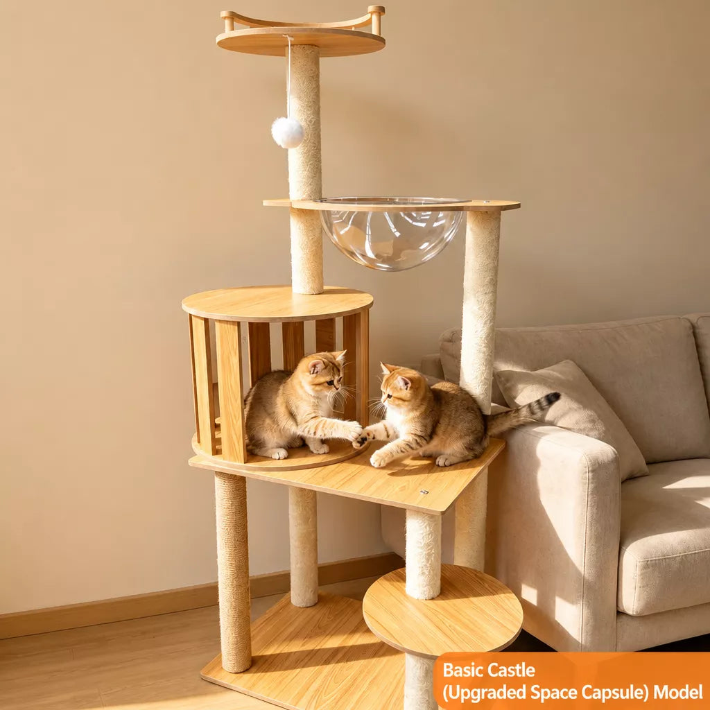 Wooden Cat Tree with Sisal Scratching Post & Enclosed Cat Houses