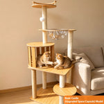 Wooden Cat Tree with Sisal Scratching Post & Enclosed Cat Houses