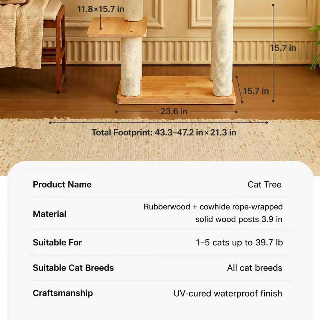 Solid Wood Cat Tree with Scratching Post and Hideaway