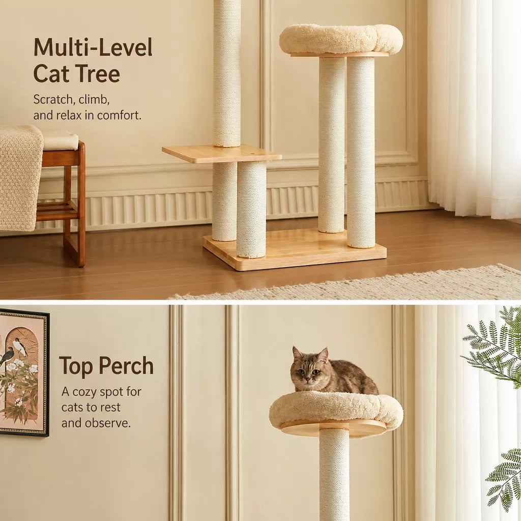 Solid Wood Cat Tree with Scratching Post and Hideaway