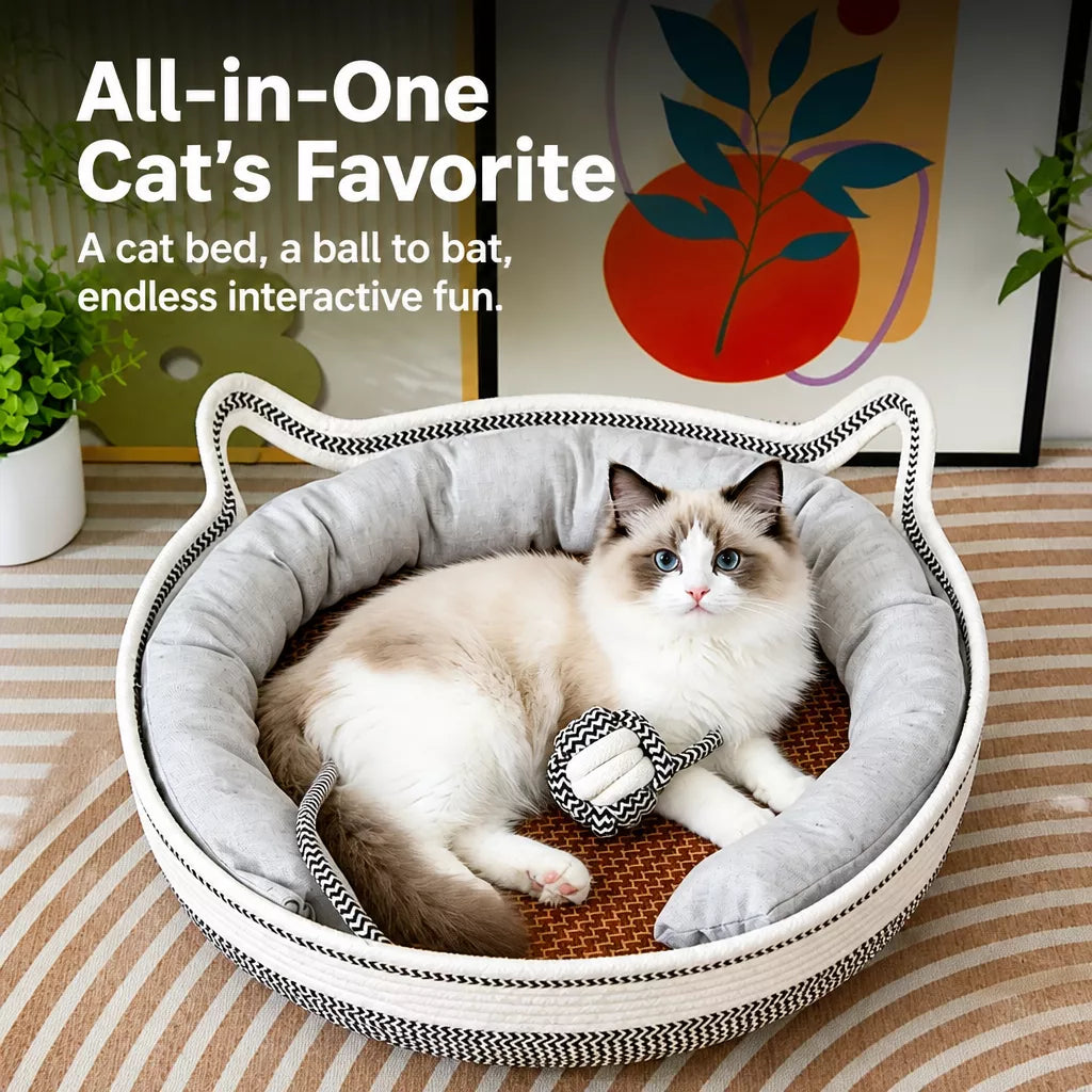 Enclosed Cat Bed with Scratching Pad and Removable Cushion