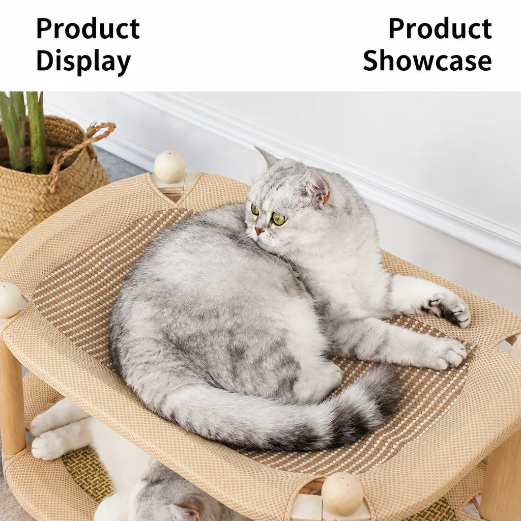 Two-Tier Wooden Cat Bed with Sisal Scratching Mat