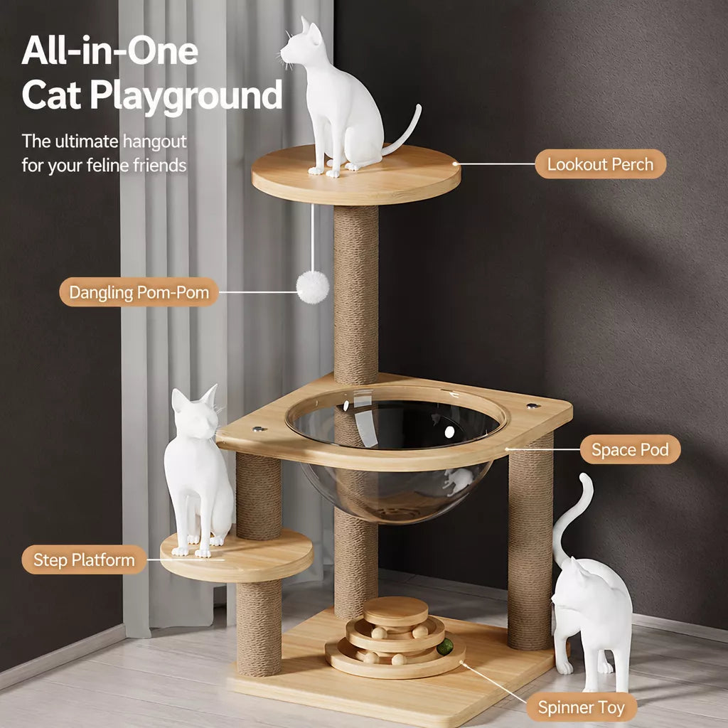 Space Pod Cat Tree with Scratching Post and Play Wheel