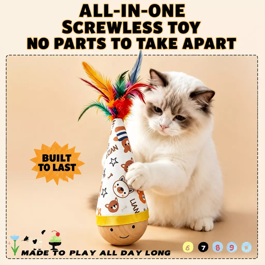 Beechwood Wobble Cat Toys with Feather and Twist Designs