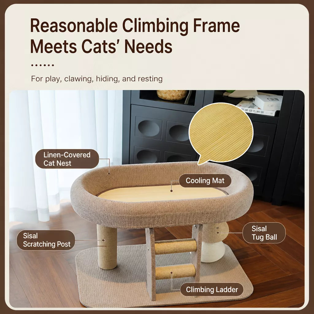 Two-Tier Cat Tree with Oval Cat House and Sisal Scratcher