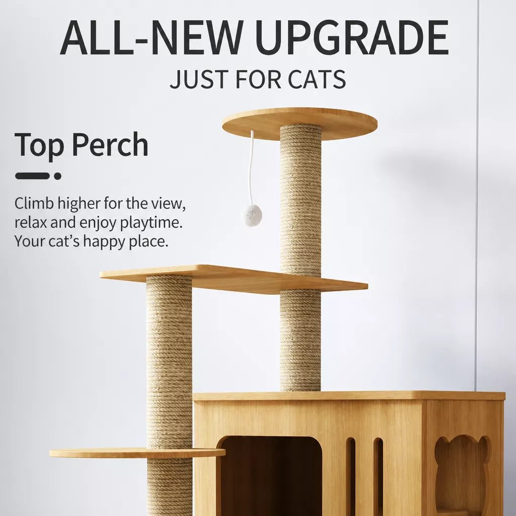 Solid Wood Cat Tree with Hideaway and Scratching Posts