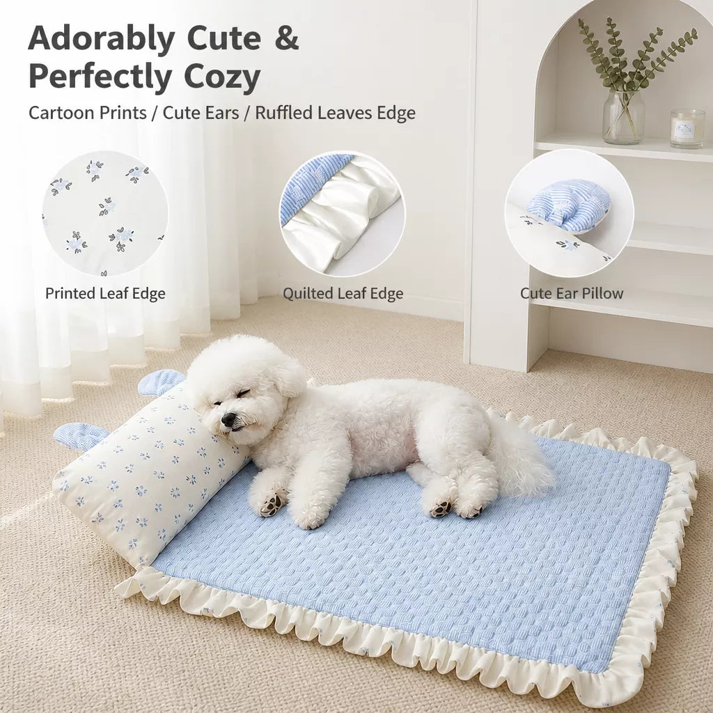 Cotton-Linen Pet Mat with Bunny-Ear Pillow for Cats and Dogs