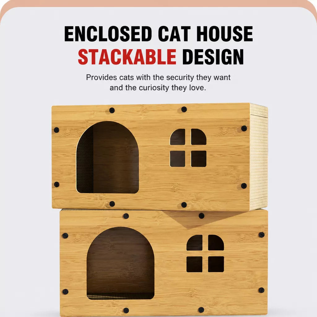 Corrugated Cardboard Cat House with Integrated Scratching Surface
