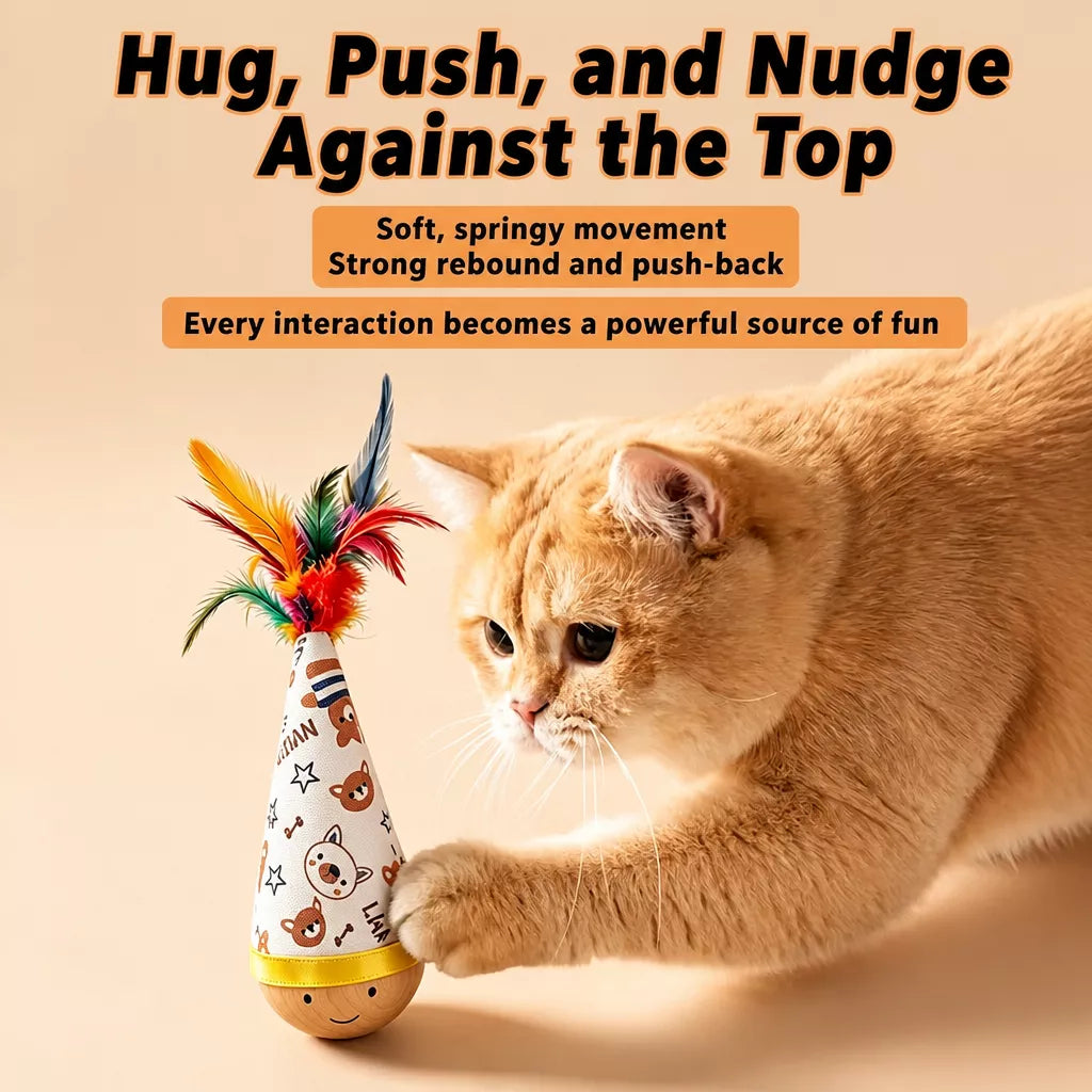 Beechwood Wobble Cat Toys with Feather and Twist Designs