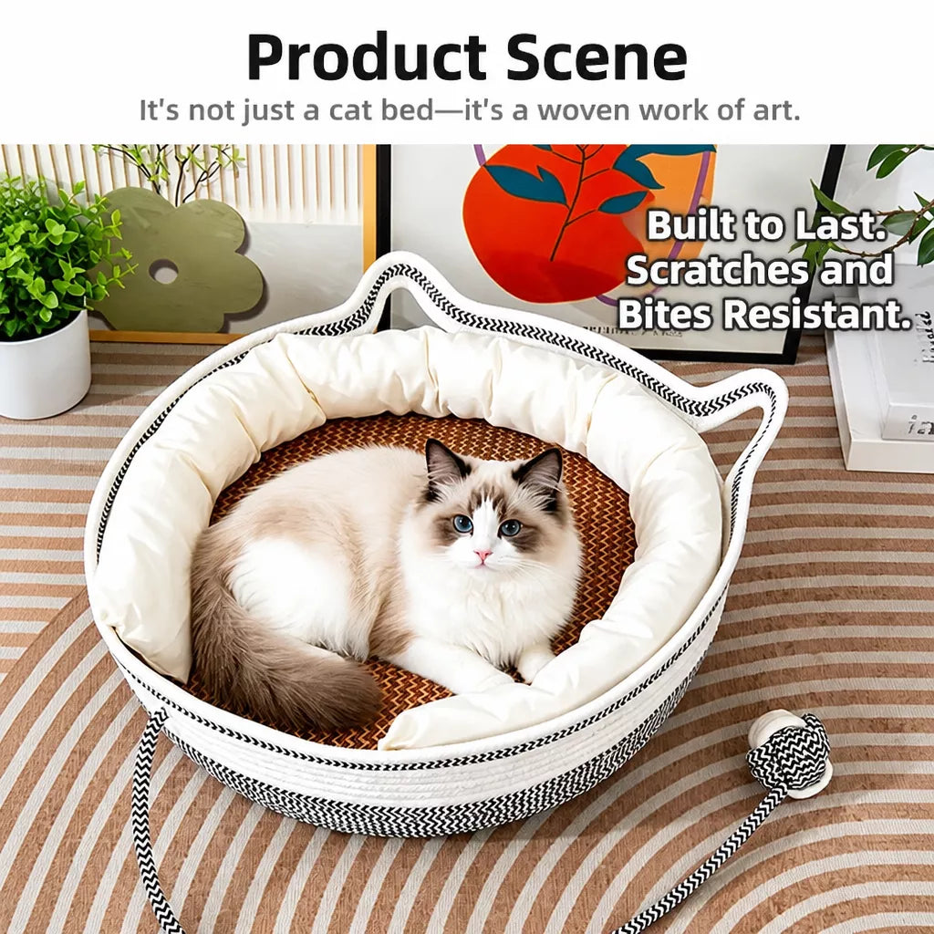 Enclosed Cat Bed with Scratching Pad and Removable Cushion