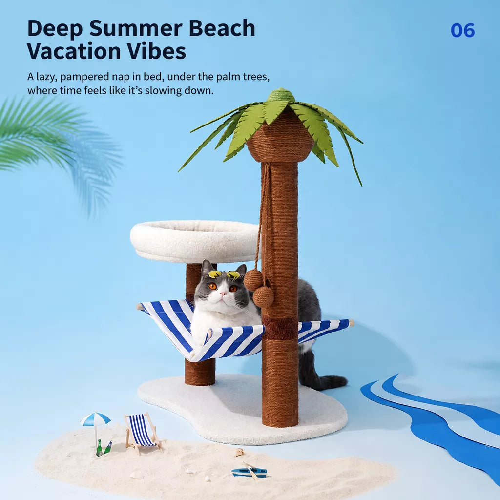 Coconut Tree Cat Tower with Scratching Post and Cat Bed