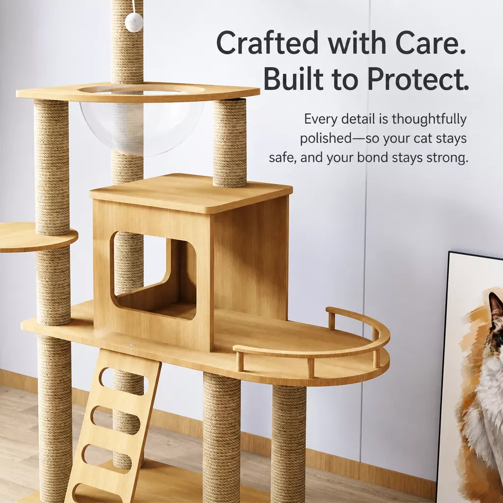 Solid Wood Cat Tree with Hideaway and Scratching Posts