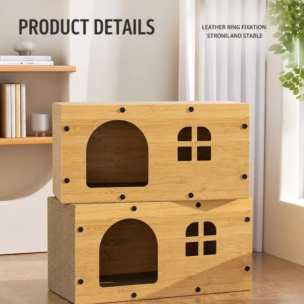 Corrugated Cardboard Cat House with Integrated Scratching Surface