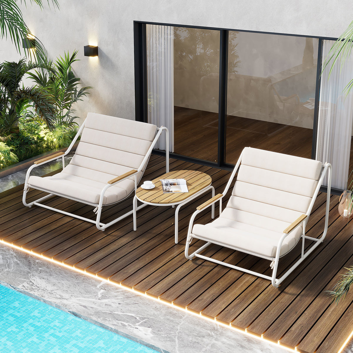 TREXM Outdoor Chaise Lounge Chairs Set of 3, Patio Chaise Lounge Chair with Acacia Side Table, Pool Lounge Chairs for Lawn, Deck, Beach, Beige+White N715P237243K-djyc