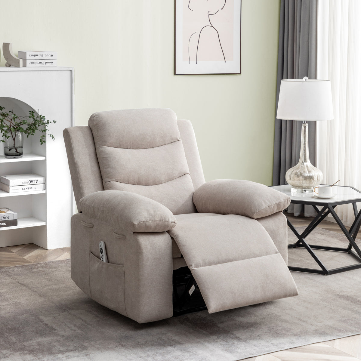 Power Recliner Chair with Adjustable Massage Function, Velvet Electric Power Chair for Elderly with One Side Pockets, Recliner Chair with Heating System for Living Room,Beige W1998120244-djyc
