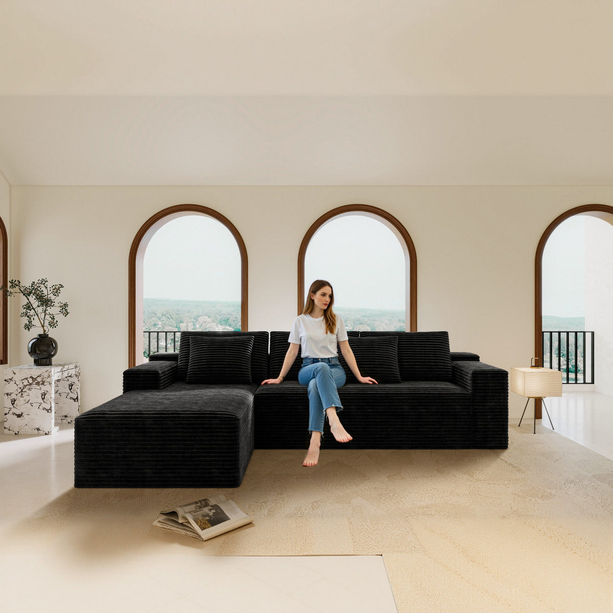 104.3*68.9'Modular sectional sofa seat,Upholstered compressed couch for living room,Bedroom,Apartment,No assembly required,2PC free combination,Plush corduroy fabric,BLACK-W3819P448419