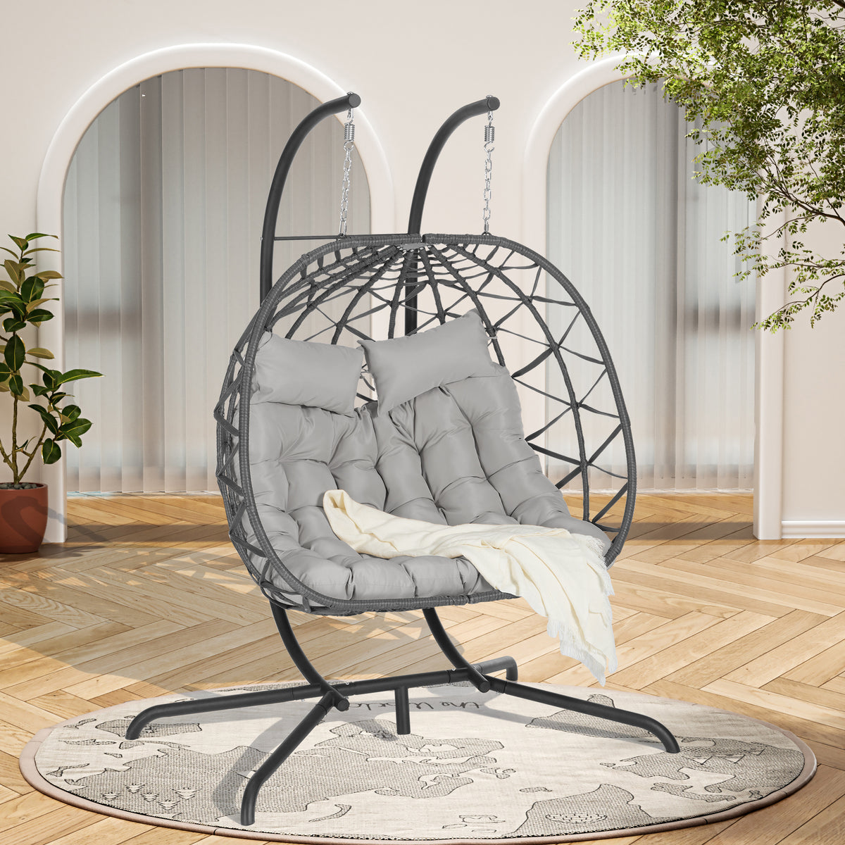 Double Egg Chair with Stand Hanging Indoor Outdoor Wicker Rattan Patio Basket Egg Swing Chair Hammock Egg Chairs with UV Resistant Cushions 600 lbs for Bedroom Balcony Patio W874P270570-djyc