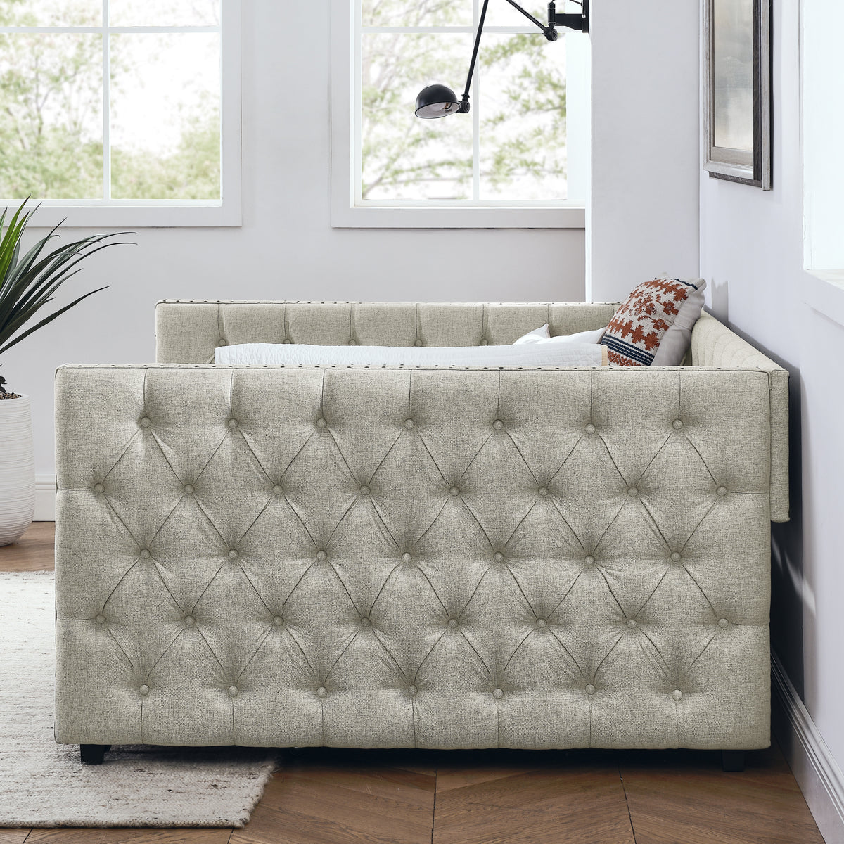 Upholstered Full Size Daybed with Two Drawers, with Button and Copper Nail on Square Arms, Beige (82.75''x58''x30.75'') W487S00219-djyc
