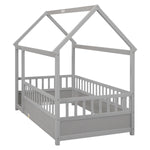 Twin Size Floor Wooden Bed with House Roof Frame, Fence Guardrails,Grey W1858123985-djyc