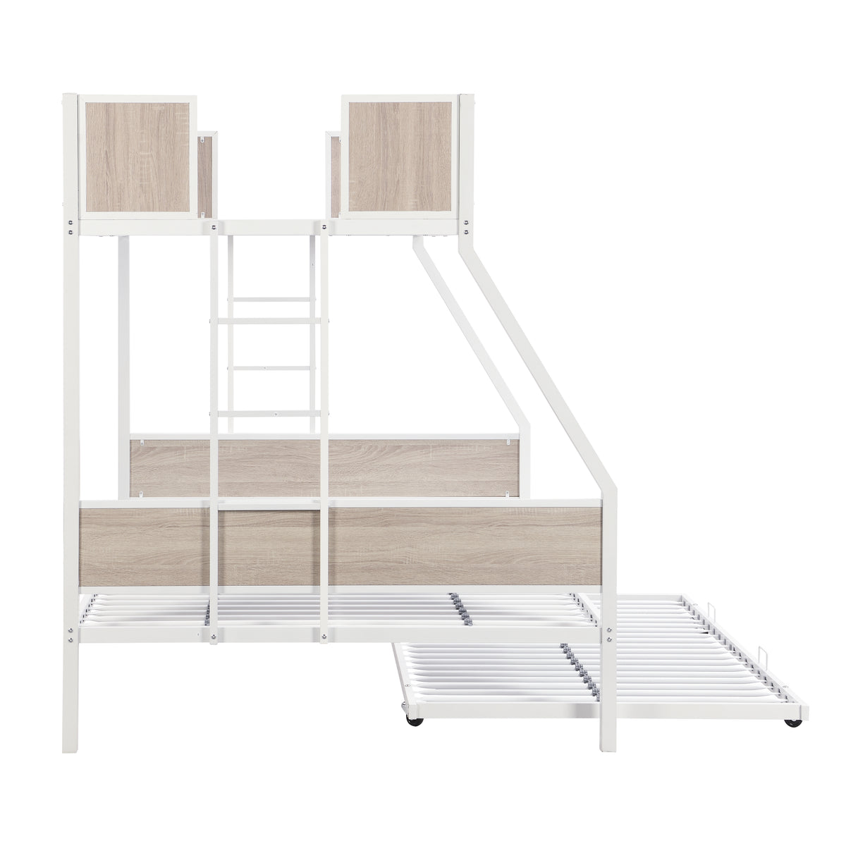 Twin Over FULL Metal Bunk Bed with Trundle 2 - Side Ladder and Full-Length Guardrail, No Box Spring Needed, Large Under Bed Storage, Easy Assemble W311133416-djyc