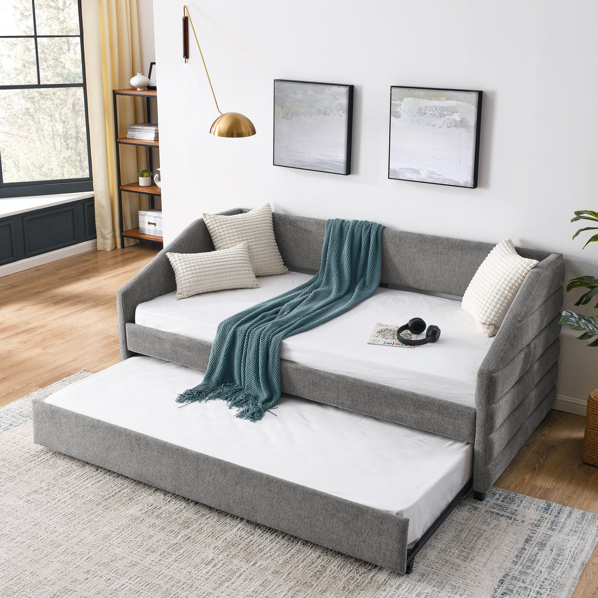 Twin Size Daybed with Trundle Upholstered Tufted Sofa Bed, Linen Fabric, Grey (82.5"x42.5"x34") W487S00173-djyc