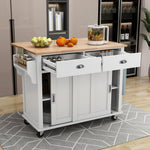 Kitchen Cart with Rubber wood Drop-Leaf Countertop, Concealed sliding barn door adjustable height,Kitchen Island on 4 Wheels with Storage Cabinet and 2 Drawers,L52.2xW30.5xH36.6 inch, White SK000001AAW-djyc