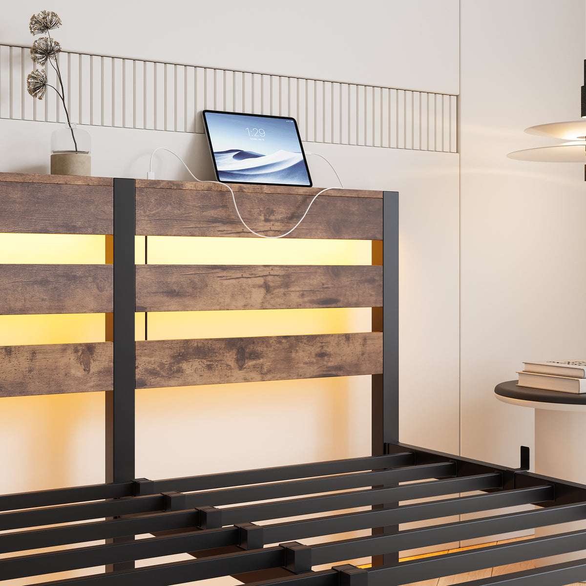 Full SizeMetal Bed Frame with Wooden Headboard, RGB Lights,Charger, Storage Shelf, Noise-Free, No Box Spring Needed,Rustic Brown W840P209896-djyc